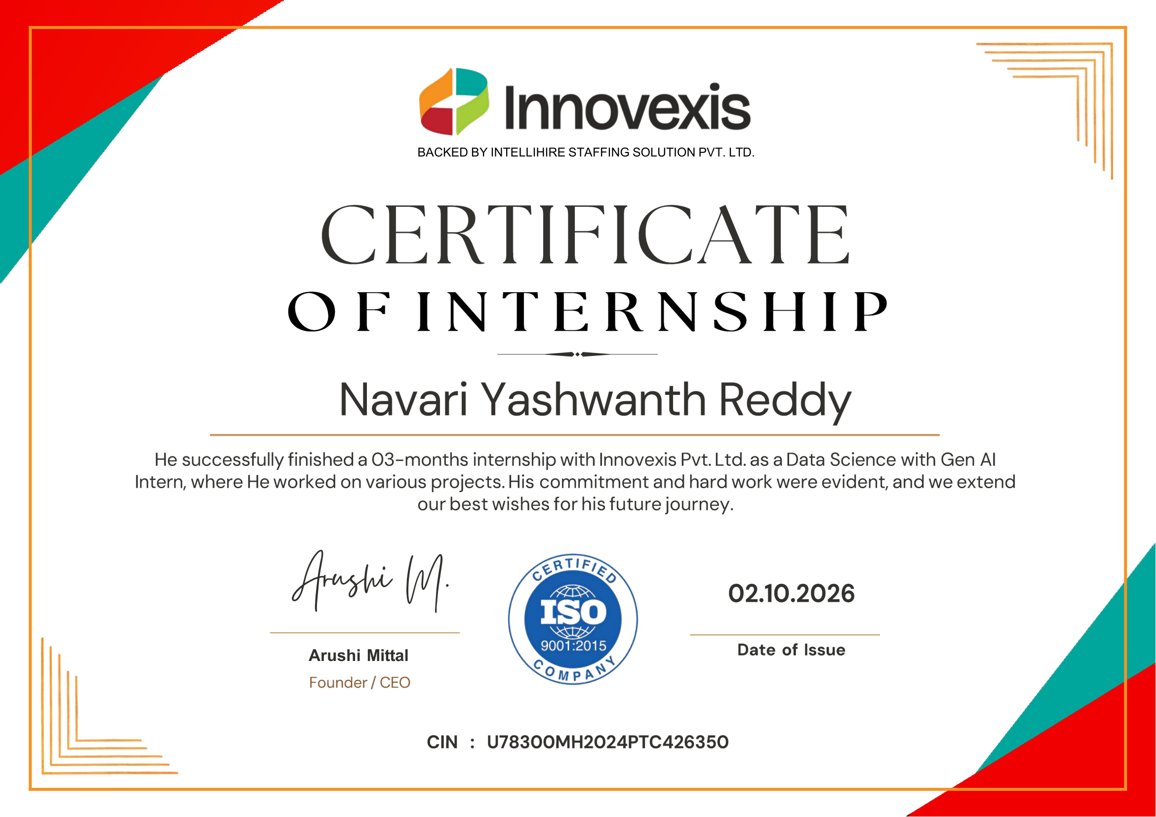 Navari Yashwanth Reddy - Innovexis Certificate of Internship