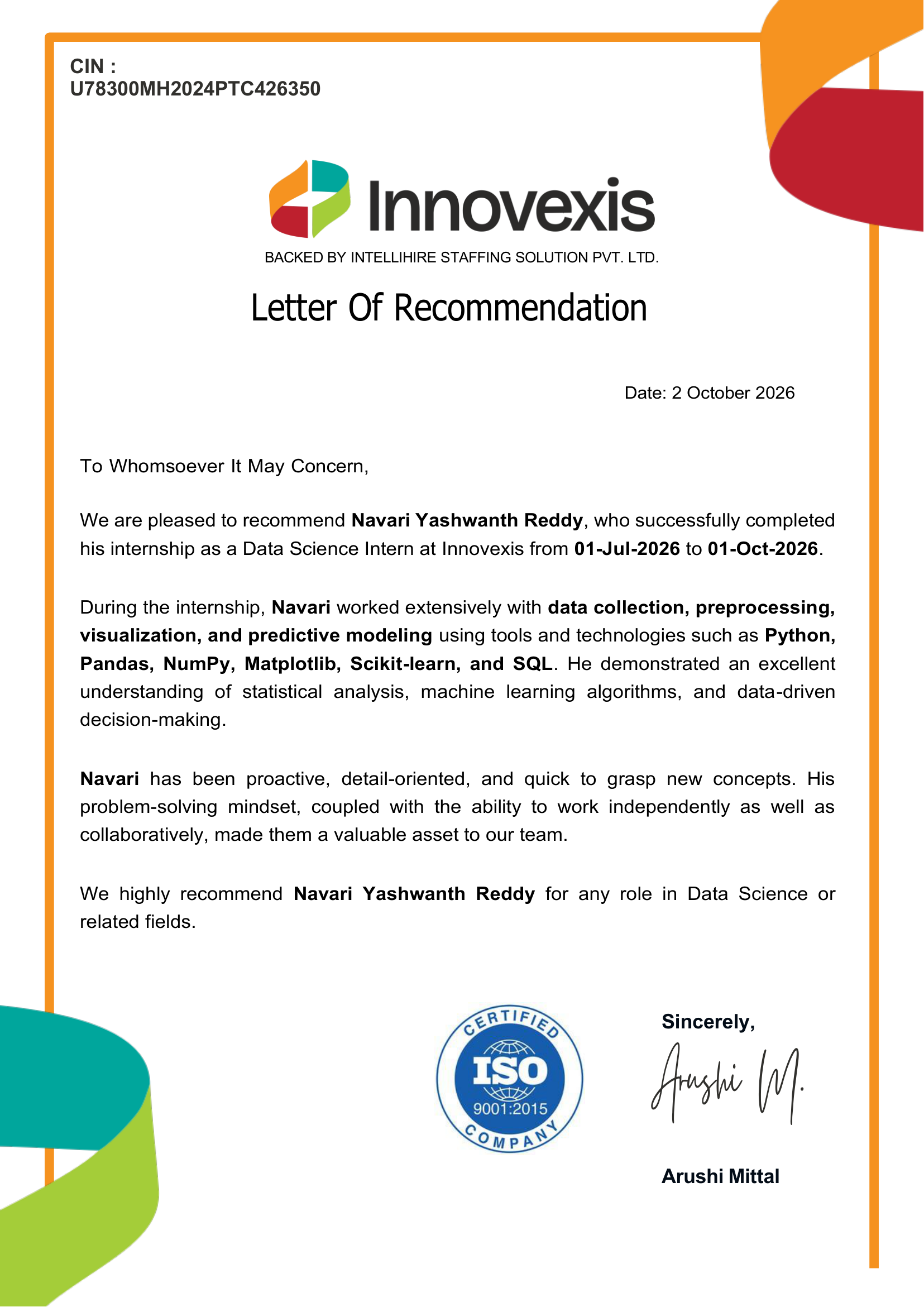 Navari Yashwanth Reddy - Innovexis Letter Of Recommendation